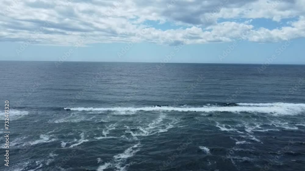 Aerial slow motion of the foamy waves of the blue sea under the cloudy sky Aerial slow motion of the foamy waves of the blue sea under the cloudy sky