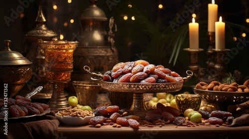 Showcase the divine combination of dates and almonds in traditional Arabic culinary masterpieces  symbolizing the essence of Ramadan celebrations.