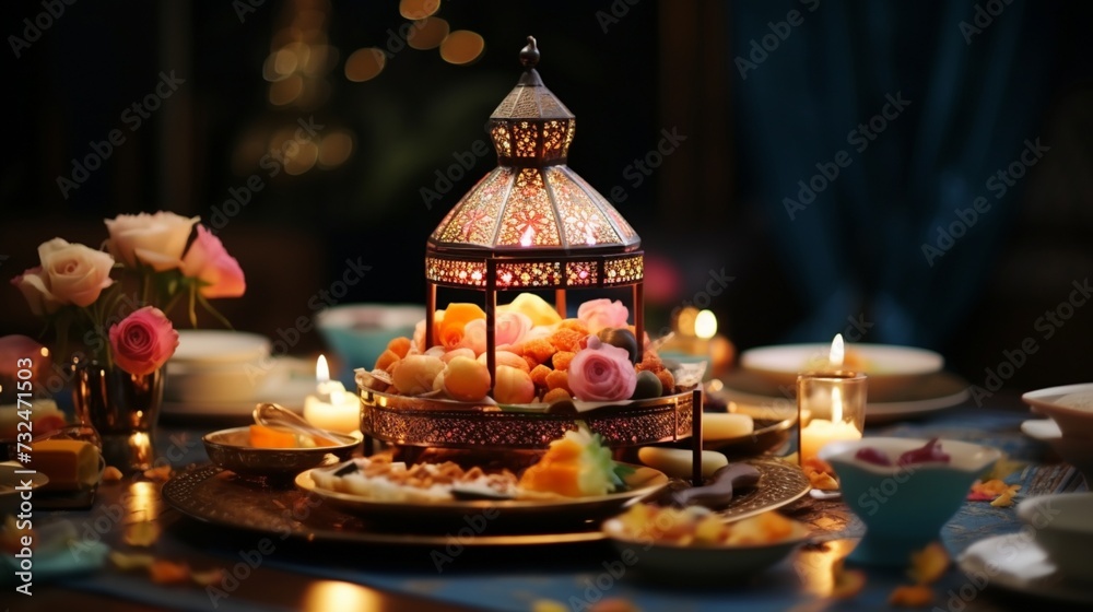 Showcase the meticulous arrangement of utensils and decorative elements on the Traditional Arabic Iftar Table.