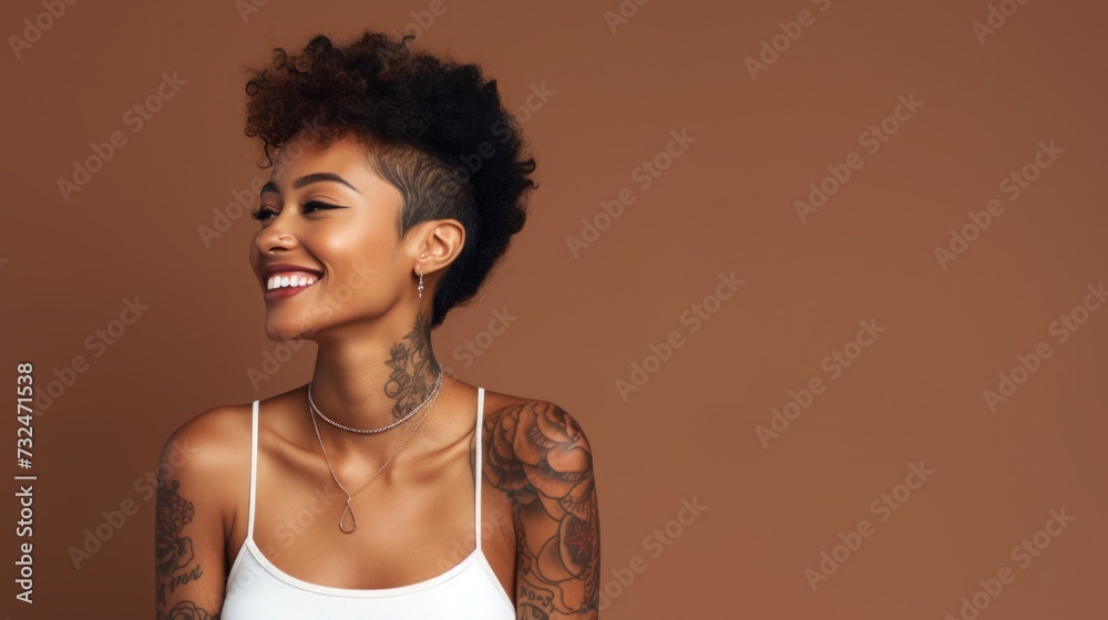 young black, african american woman with tattoo smiles. portrait of a generation Z girl. drawing on the skin. young black, african american woman with tattoo smiles. portrait of a generation Z girl. drawing on the skin.