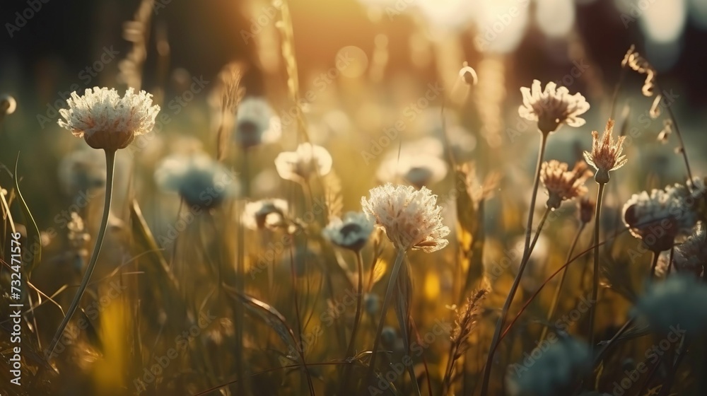 AI generated illustration of vibrant flowers growing in a field at golden hour