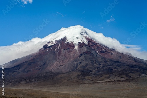 Stunning view of the snow-covered Chimborazo stratovolcano in Ecuador.