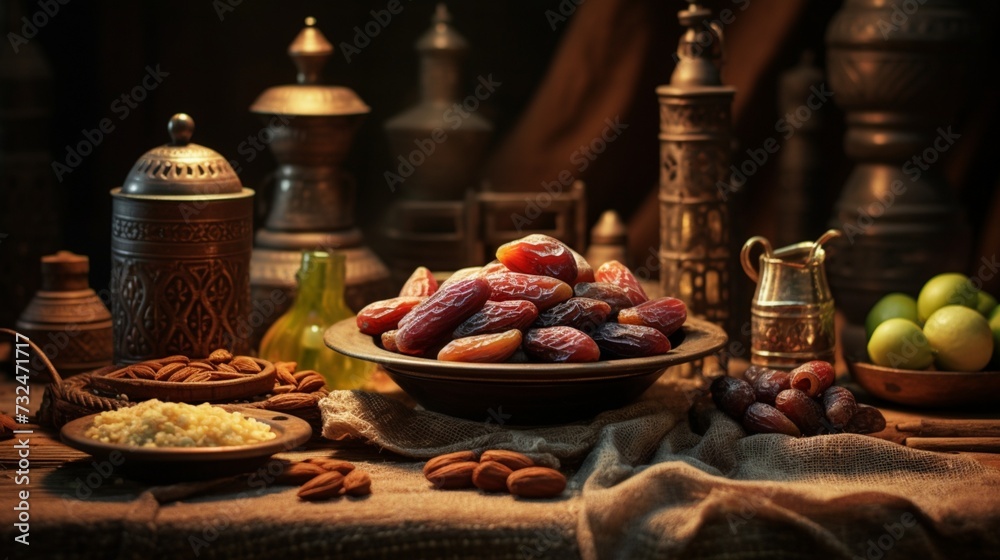 Showcase the richness of Traditional Arabic Food, emphasizing the significance of dates and almonds during the auspicious month of Ramadan.