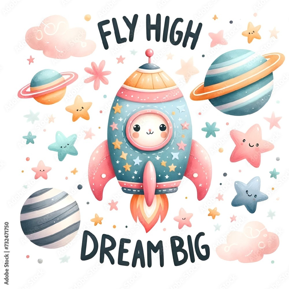 Charming Space Adventure - A Pastel Watercolor Dream for Children's Decor. Ai generated