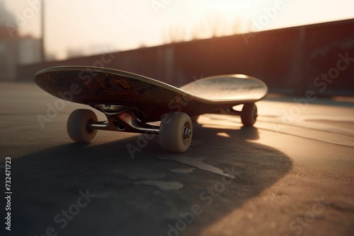 AI generated illustration of a skateboard resting on an asphalt road illuminated by the setting sun photo