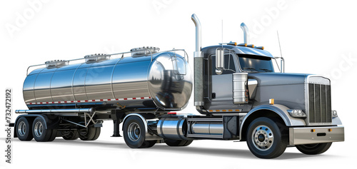 A large chrome fuel tanker truck isolated from the white or transparent background photo