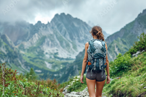 Female Hiker Exploring Mountain Trail. Generative AI © Mihai Zaharia