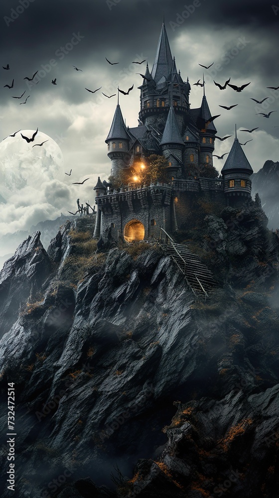AI generated illustration of a Haunted castle perched on a rocky hill with a dark background
