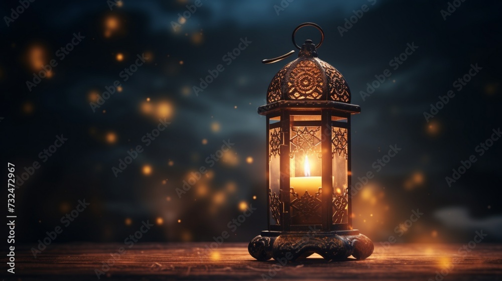 The brilliance of a burning candle inside a traditional Arabic lantern illuminates the night, filling hearts with Ramadan blessings. - obrazy, fototapety, plakaty 