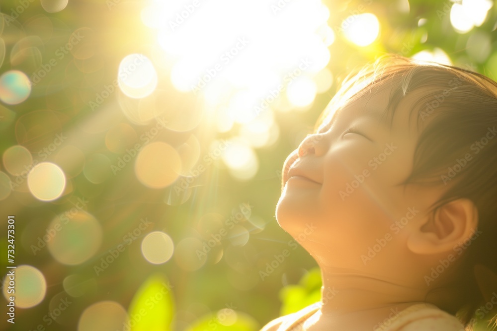 Joyful Toddler Smiling in Sunlit Garden Joyful Toddler Smiling in Sunlit Garden