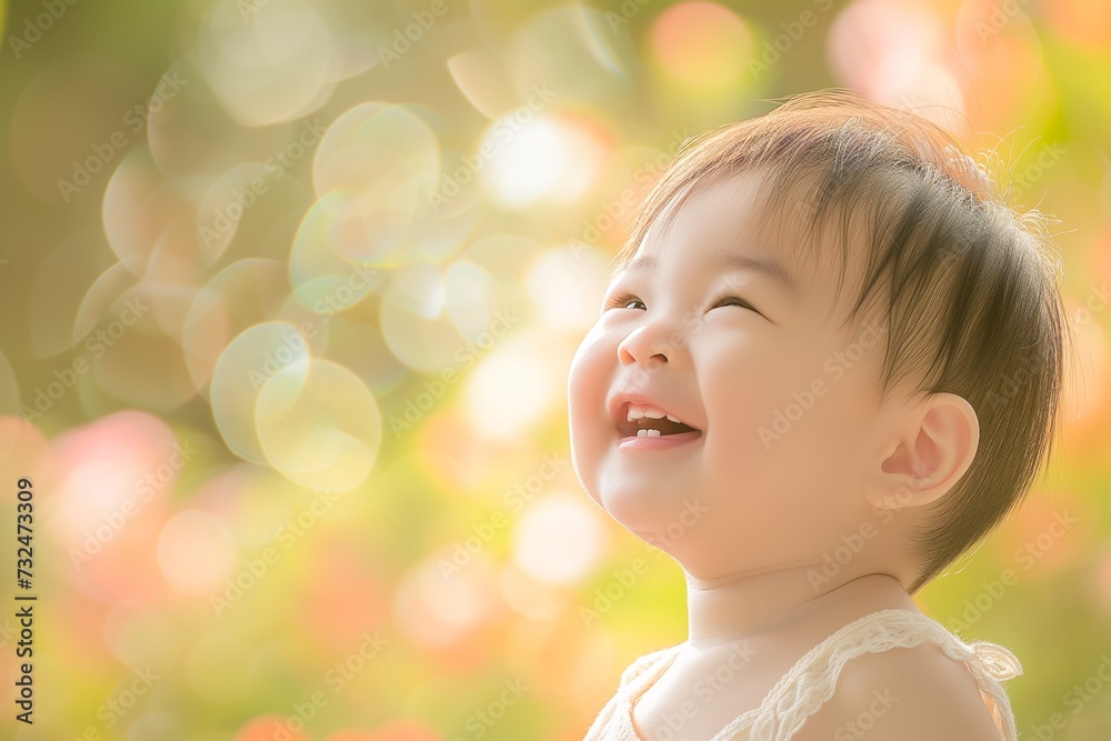 Fototapeta premium Joyful Toddler Smiling in Sunlit Garden