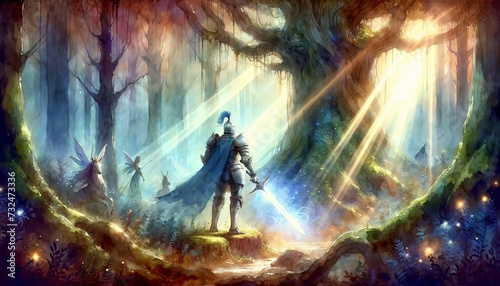 Mystical Knight in Enchanted Forest: A Watercolor Symphony - AI generated digital art © Wirestock
