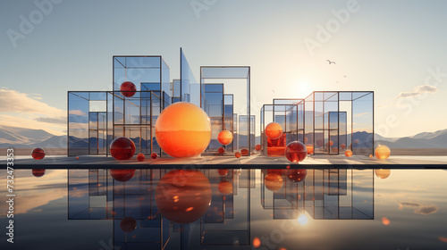 Orange buoy floats near industrial port with city skyline and ship in the background , abstract 3d illustration of modern city with glass skyscrapers © nddcenter
