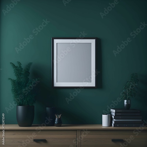 White picture frame placed on a wall near a work desk, complete with a small plant, AI-generated