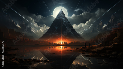 Fantasy landscape with mountain and moon. 3d illustration. Elements of this image furnished 