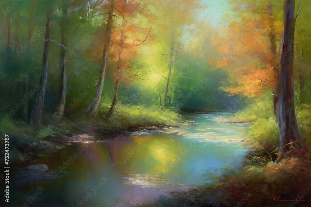 Naklejka premium AI generated illustration of an oil painting of a stream in a tree-filled area
