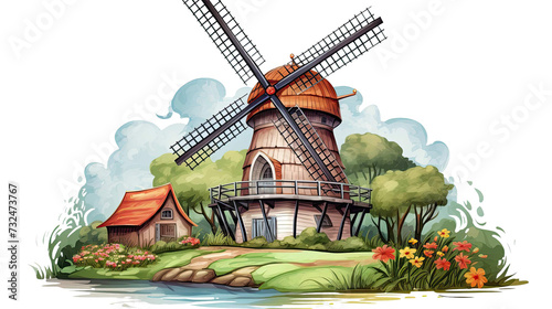 dutch windmill in the country on a transparent background