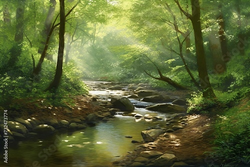 AI generated illustration of an oil painting of a stream in a tree-filled area