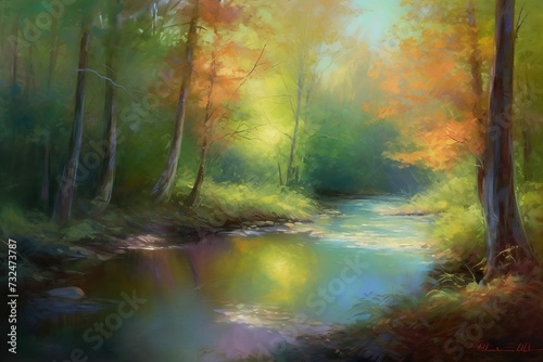 AI generated illustration of an oil painting of a stream in a tree-filled area