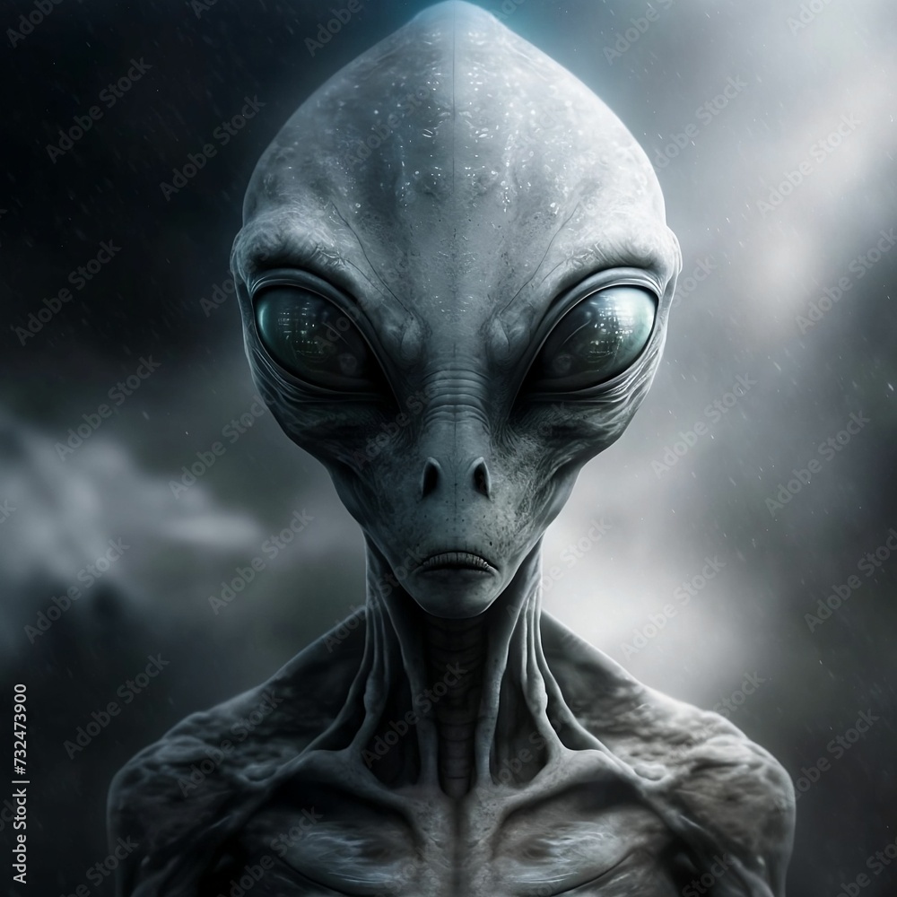 AI generated illustration of an extraterrestrial character with a serious face against a night sky AI generated illustration of an extraterrestrial character with a serious face against a night sky