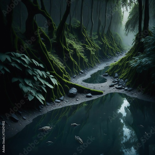 AI generated illustration of a puddle in a dark green forest