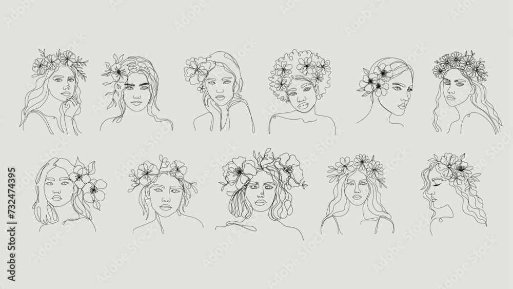 One-lined collection of beautiful young girls with flowers in the head