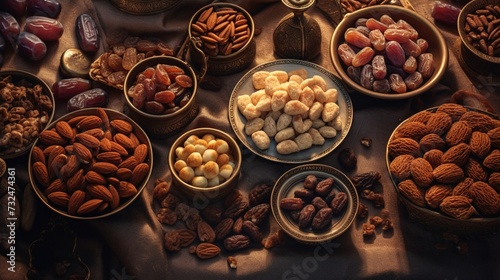 the harmony of textures and flavors in traditional Arabic Ramadan dates and almonds.