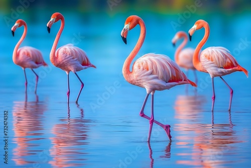 AI generated illustration of Five flamingos stand in shallow water with their legs outstretched.