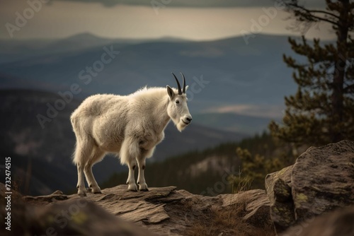 AI generated illustration of A mountain goat standing majestically atop a large rocky outcrop.