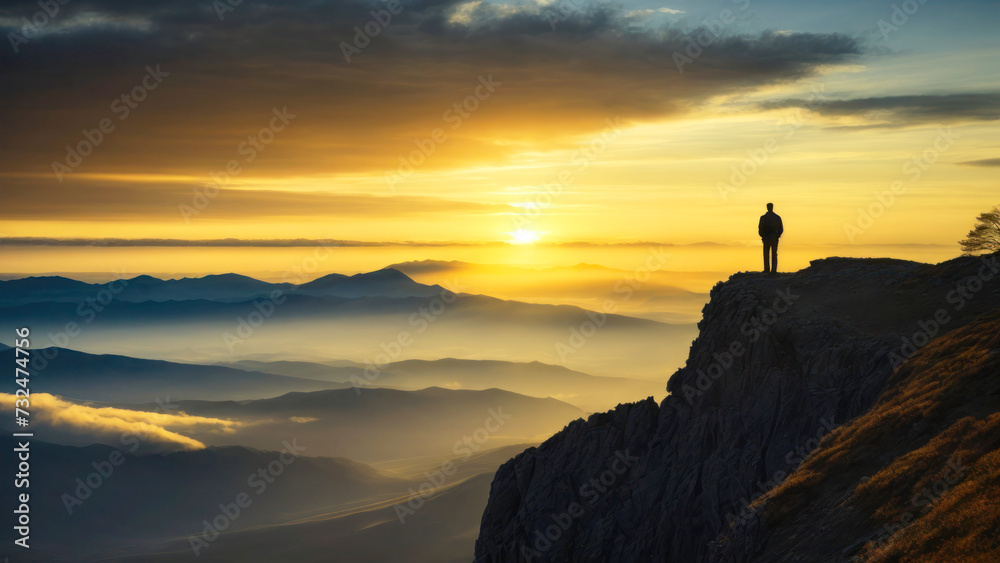 A lonely figure of a man standing on a high mountain. Man watching sunset and nature, concept of conquering obstacles.