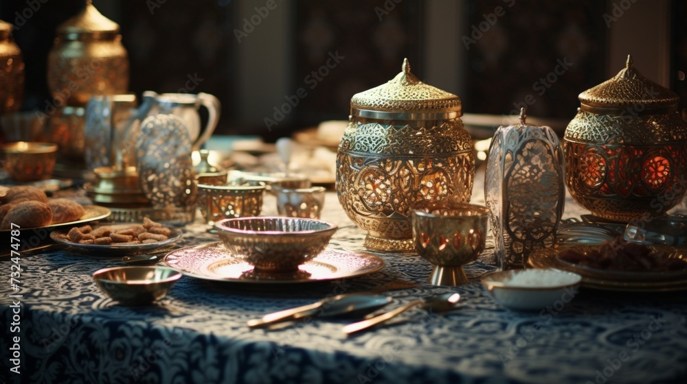 the intricate patterns and textures that adorn the Traditional Arabic Ramadan Iftar Table up close. the intricate patterns and textures that adorn the Traditional Arabic Ramadan Iftar Table up close.