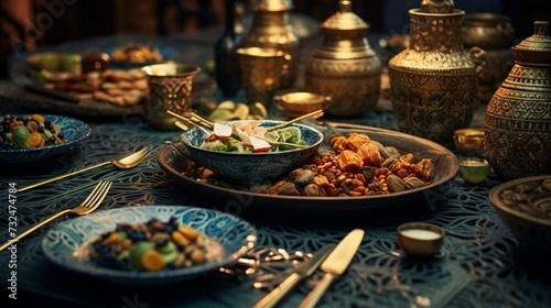 the intricate patterns and textures that adorn the Traditional Arabic Ramadan Iftar Table up close.