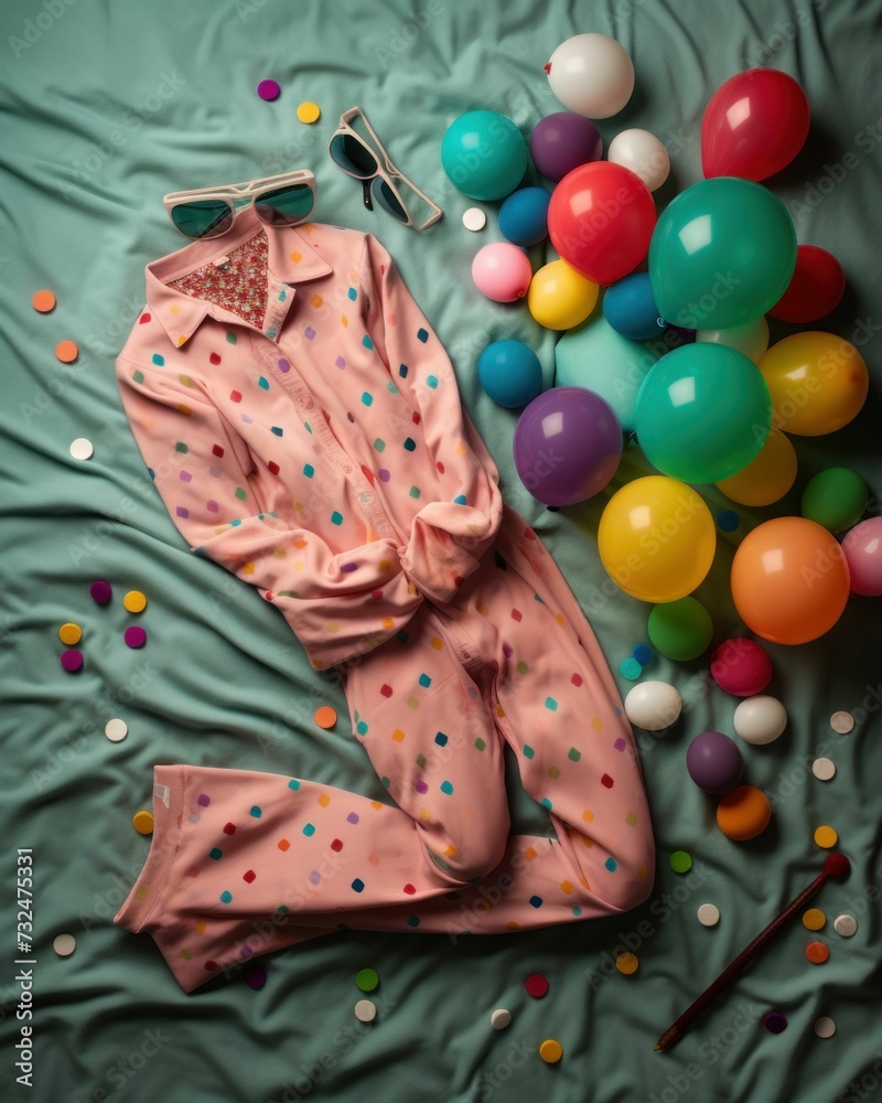 AI generated illustration of a young child's bedroom with pajamas and balloons