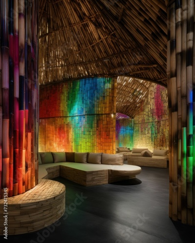 AI generated illustration of a vibrant bamboo house with colorful lights and tables © Wirestock