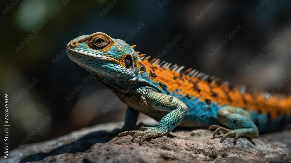 AI generated illustration of a lizard perched on a large rock
