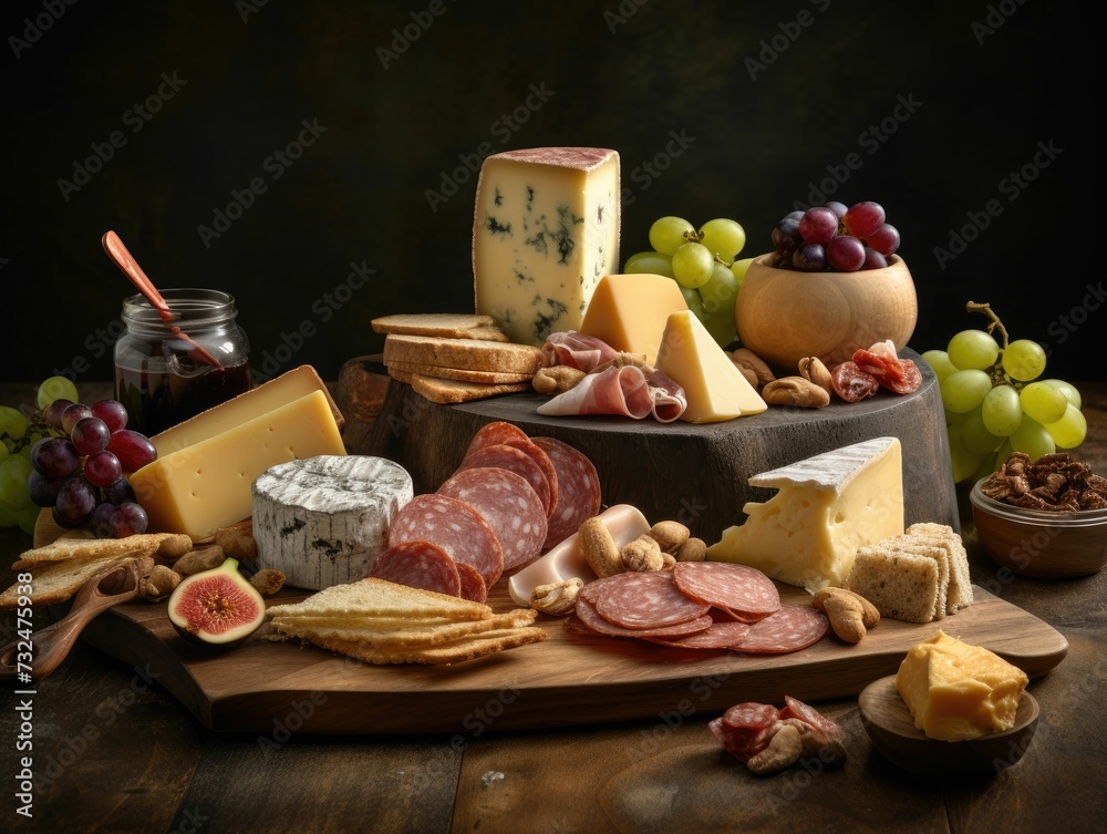 Ai generative sumptuous cheese and charcuterie board,with a variety of artisanal cheeses,