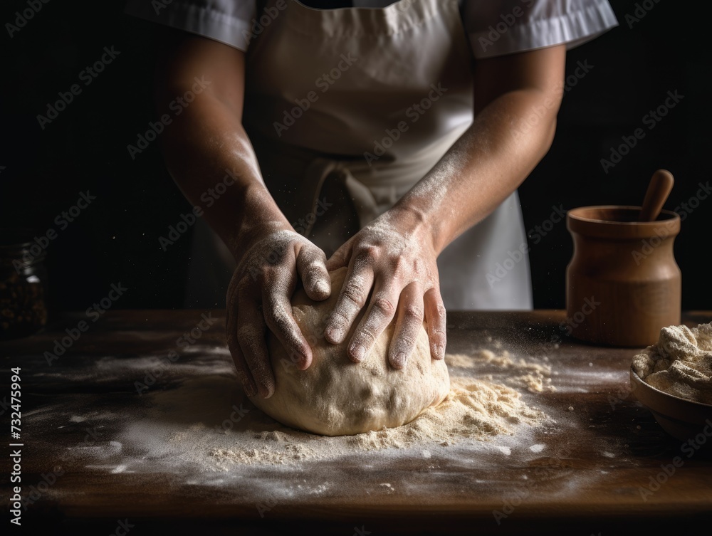 person kneading dough for homemade bread, with flour dusted on their hands. Ai Generated