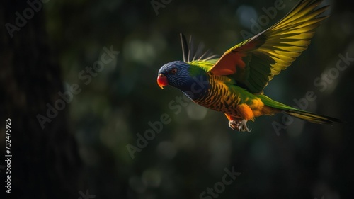 AI generated illustration of a vibrant parrot bird soaring in the sky, its wings spread wide