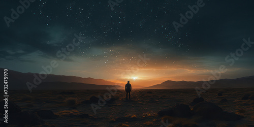 Starry Adventure: A Silhouette of a Man Standing on a Mountain Peak, Embracing the Beautiful Starry Night Sky.