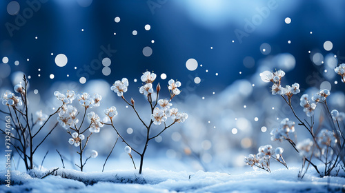 Winter landscape with frozen trees, snowflakes and blue bokeh lights.. Winter background. Generative AI technology.