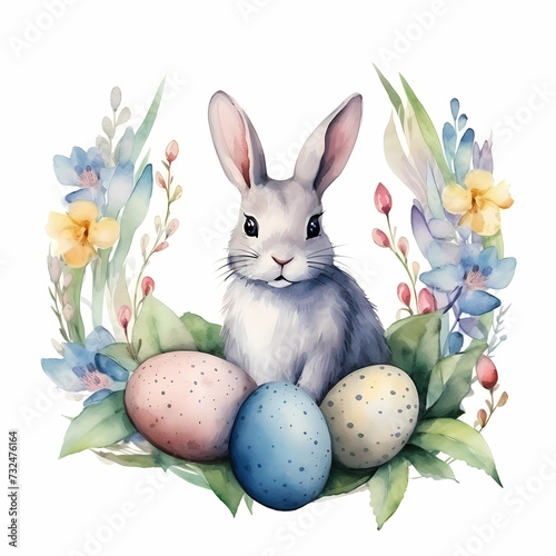 Easter watercolor illustration with cute easter bunny, colorful easter eggs and flowers, white background, good for greeting card template