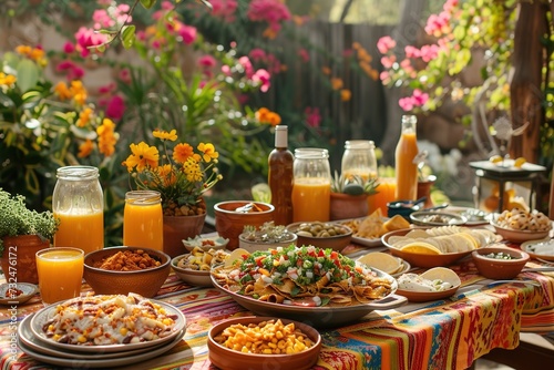 A sun-drenched outdoor brunch scene featuring an array of Mexican breakfast dishes like chilaquiles and huevos rancheros on a brightly colored tablecloth, surrounded by blooming flowers. photo