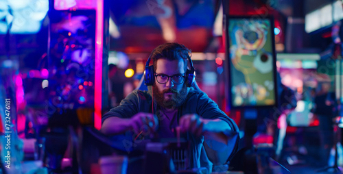 a concentration and determination of a gamer engaged in an intense video game session, surrounded by gaming equipment and immersive technology photograph
