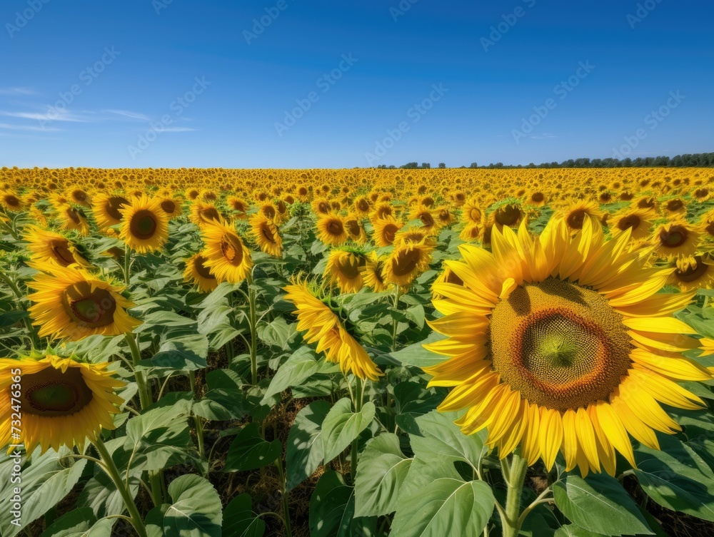 Fototapeta premium AI generated image of growing sunflowers in field