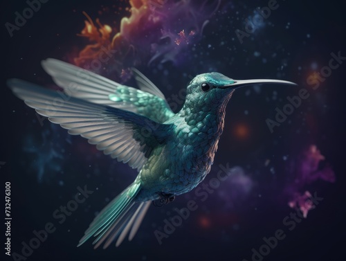 AI generated illustration of a Colibri illuminated on a dark background © Wirestock
