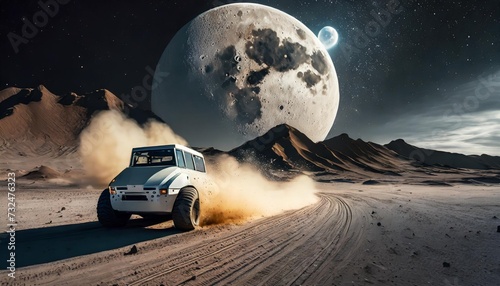 A self-driving car seamlessly navigating a moon base, kicking up lunar dust in its wake.