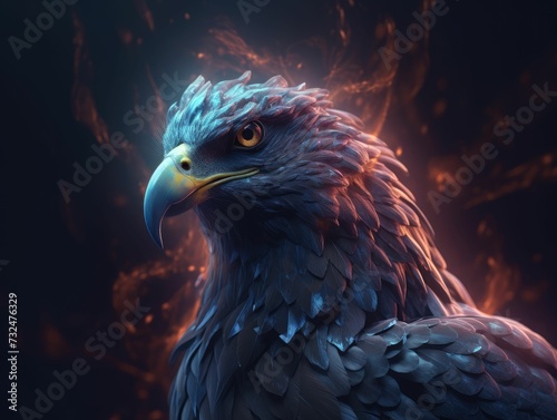 AI generated illustration of an eagle illuminated by a blazing fire on a dark background © Wirestock