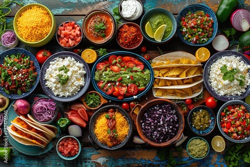 Bird's-eye perspective of a vibrant outdoor Mexican feast table, presenting a variety of dishes such as enchiladas, quesadillas, and chiles en nogada, embellished with colorful decor.