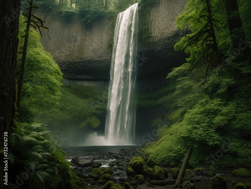 AI generated waterfall flowing from rocks in forest surrounded by dense trees photo
