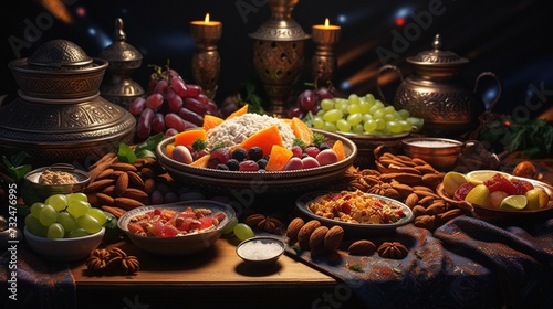 Unveil the aesthetics of Ramadan cuisine by focusing on the detailed presentation of traditional Arabic dishes featuring dates and almonds.